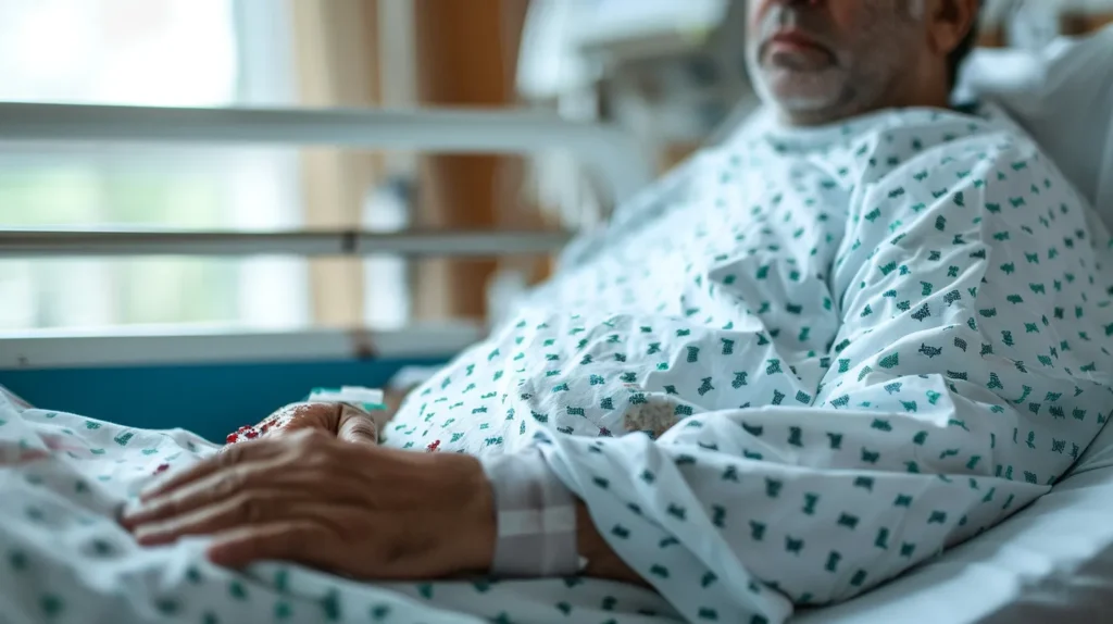 A man laying in a hospital bed with an injured hand